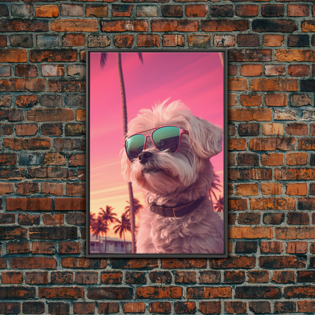 Shih Tzu Wall Print, Dog Wall Art, Dog Sunglasses, Palm Trees, Sunset, Funny Art, Framed Wall Art, Framed Canvas, Wall Print, Wall Canvas