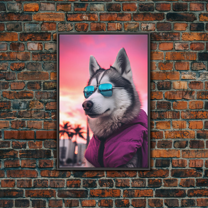 Siberian Husky In Pink Jacket Sunglasses Wall Print, Dog Art Print, Dog Portrait, Framed Wall Art, Framed Canvas, Wall Print, Wall Canvas