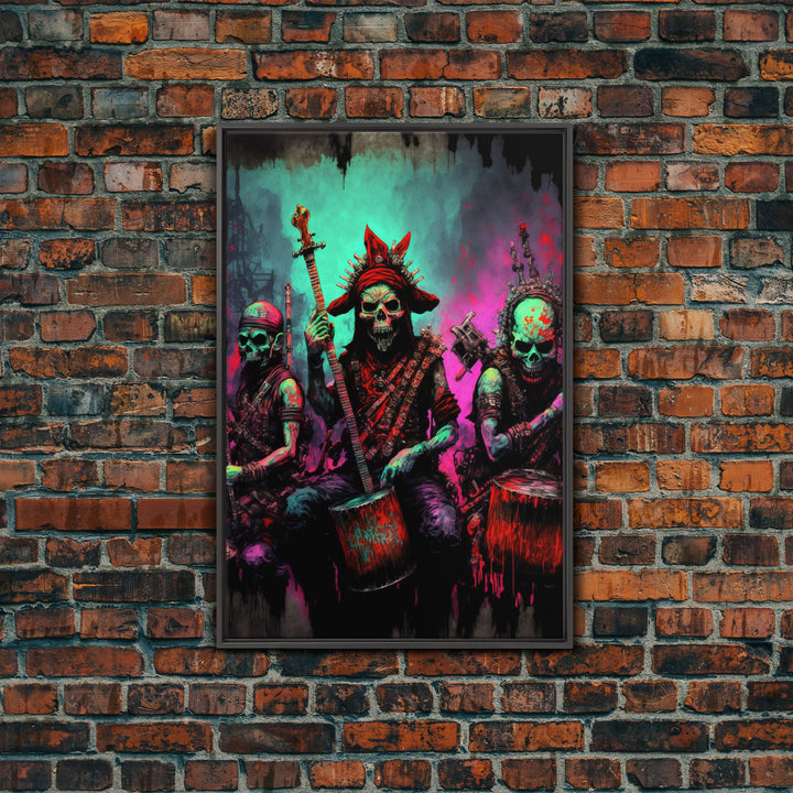 Death Metal Skeletons, Medieval Heavy Metal Undead Band Art, Framed Canvas Print, Unique Office Large Wall Art, Mancave Art