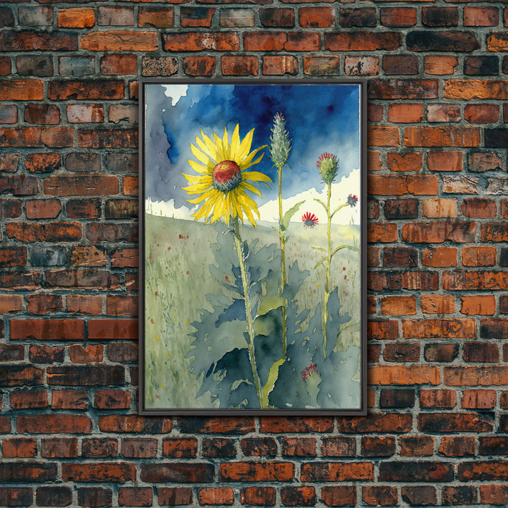 Watercolor Painting Print of a Sunflower and Wildflowers, Framed Canvas Art, Framed Print, Living Room Wall Decor
