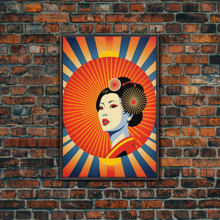 Portrait of a Geisha, Pop Art Style, Art Deco Sunburst, Framed Canvas Print