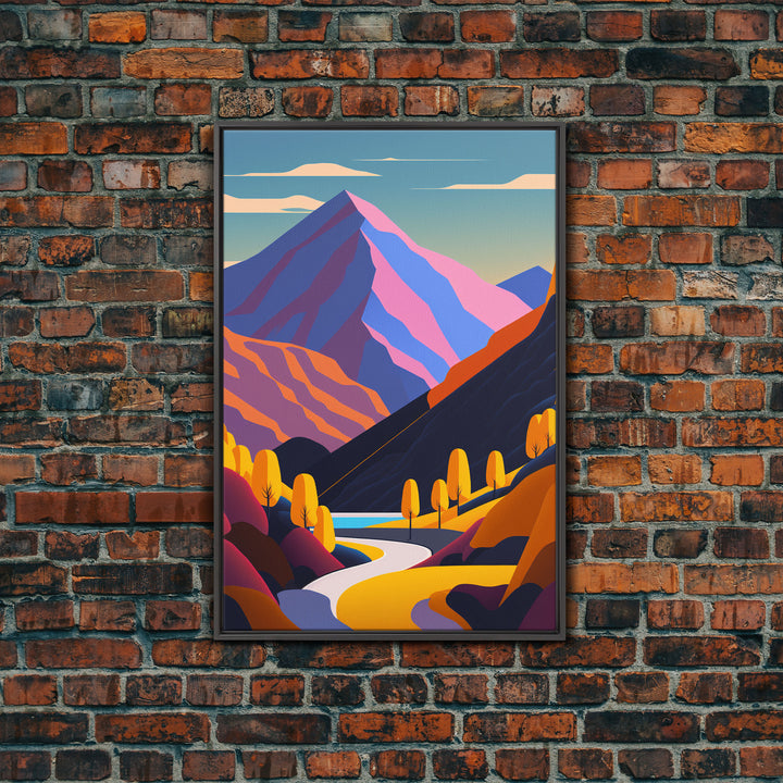 Retro Style Purple Mountain Landscape, Framed Canvas Print, MCM Style Art, Framed Wall Art, Wall Decor, Living Room / Guest Room Art