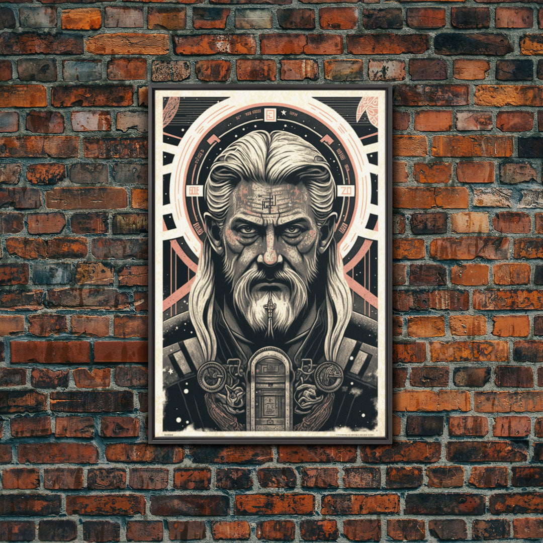 Grunge / Cyberpunk Odin, Norse Mythology, Wall Art, Framed Canvas Print, Futuristic Portrait of Odin