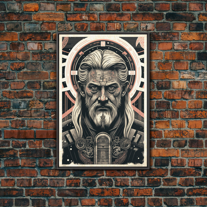 Grunge / Cyberpunk Odin, Norse Mythology, Wall Art, Framed Canvas Print, Futuristic Portrait of Odin