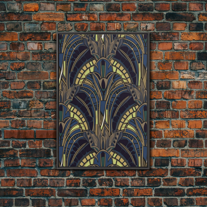 Midcentury Modern Wall art - Framed Canvas Print - Art Deco - Blue colors - Stained glass art - Patterns art - Mosaic art - Living room art