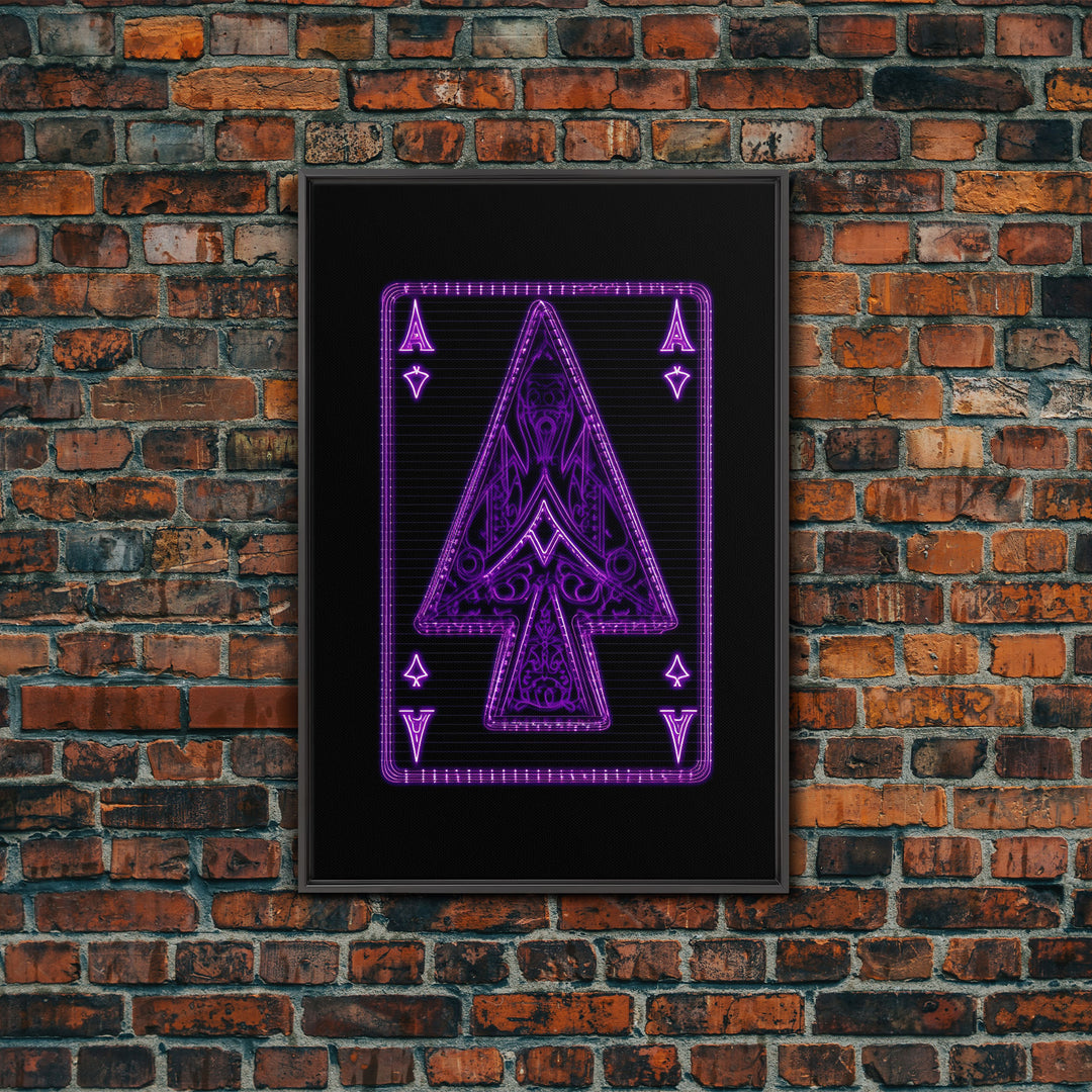 Neon Lights Purple Ace Of Spades Wall Decor, Poker Wall Art, Cards, Minimalist Print, Wall Decor, Canvas Print, Wall Art, Framed Canvas