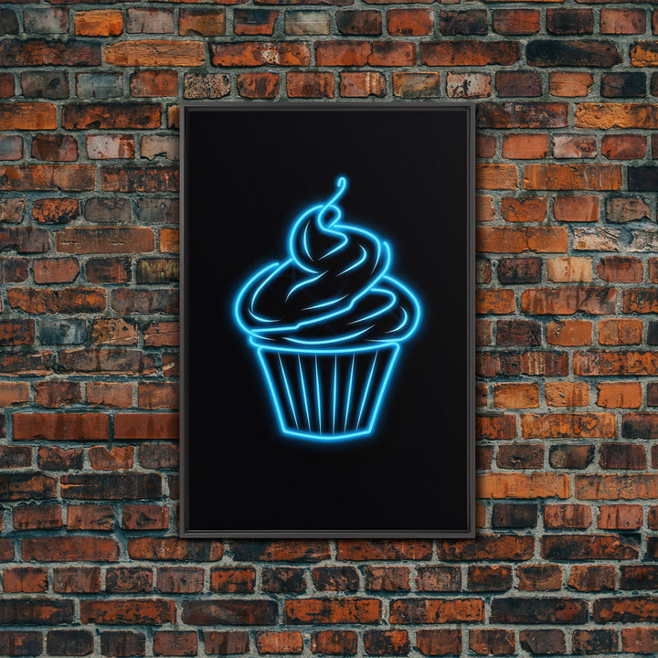 Blue Neon Lights Cupcake Wall Decor, Kitchen Wall Art, Glowing Art, Minimalist Print, Wall Decor, Canvas Print, Wall Art, Framed Canvas
