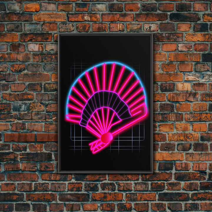 Neon Lights Folding Fan Wall Art, Line Art Print, Pink, Glowing Art, Minimalist Print, Wall Decor, Canvas Print, Wall Art, Framed Canvas