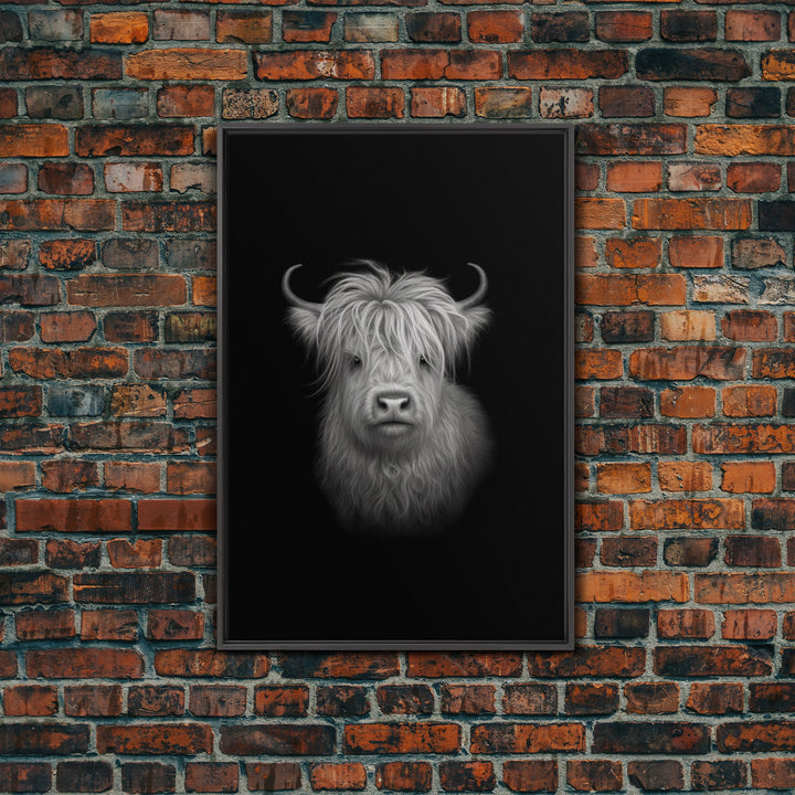 Highland Cow Art Print, Black And White, Animal Wall Decor, Minimalist Art, Wall Decor, Canvas Art, Wall Art, Framed Canvas Wall Decor