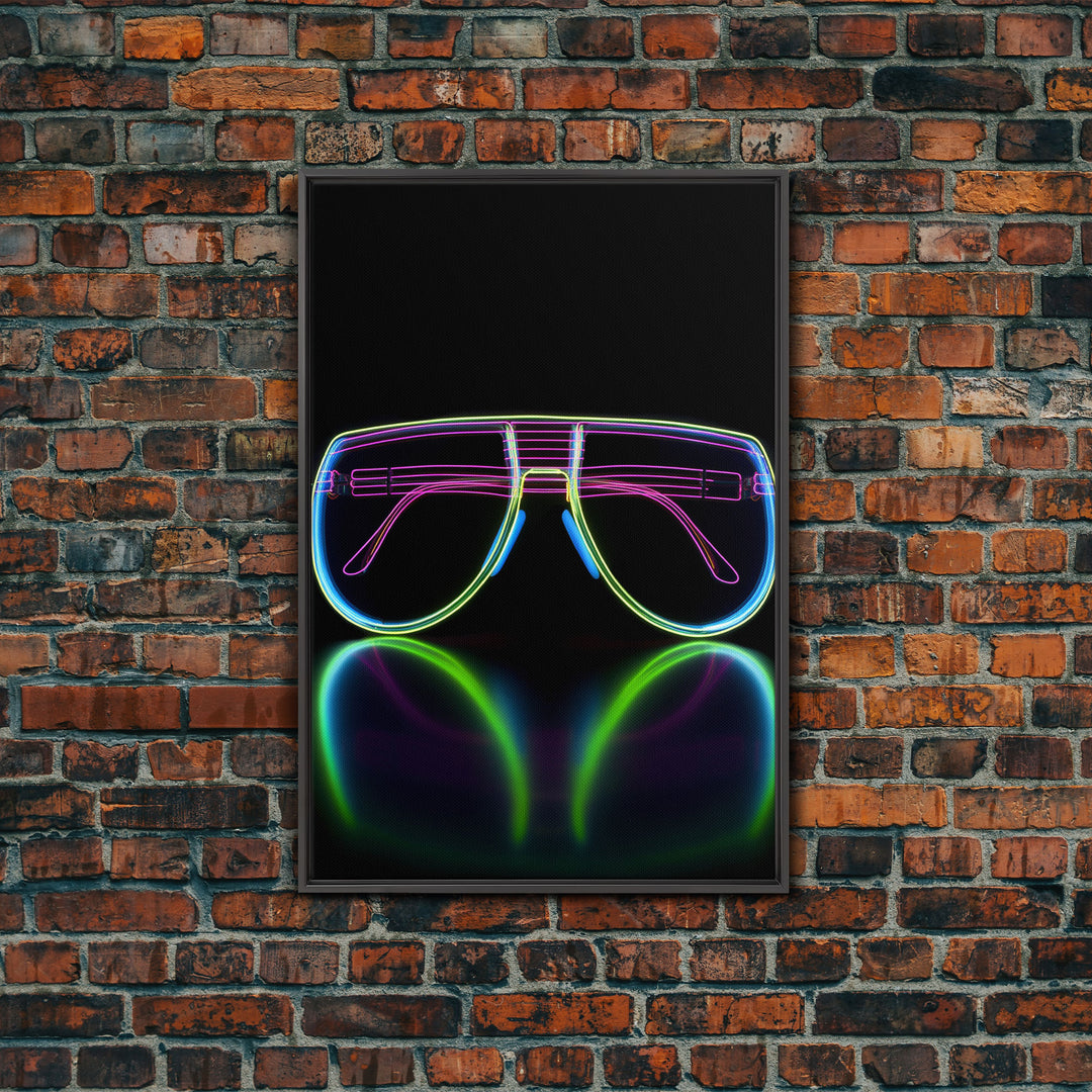 Neon Lights Eye Glasses Wall Decor, Glowing Art Print, Vibrant Art, Minimalist Print, Wall Decor, Canvas Print, Wall Art, Framed Canvas