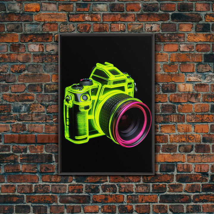 Neon Green Camera Wall Art, Neon Wall Decor, Photography Art,  Minimalist Print, Wall Decor, Canvas Print, Wall Art, Framed Canvas