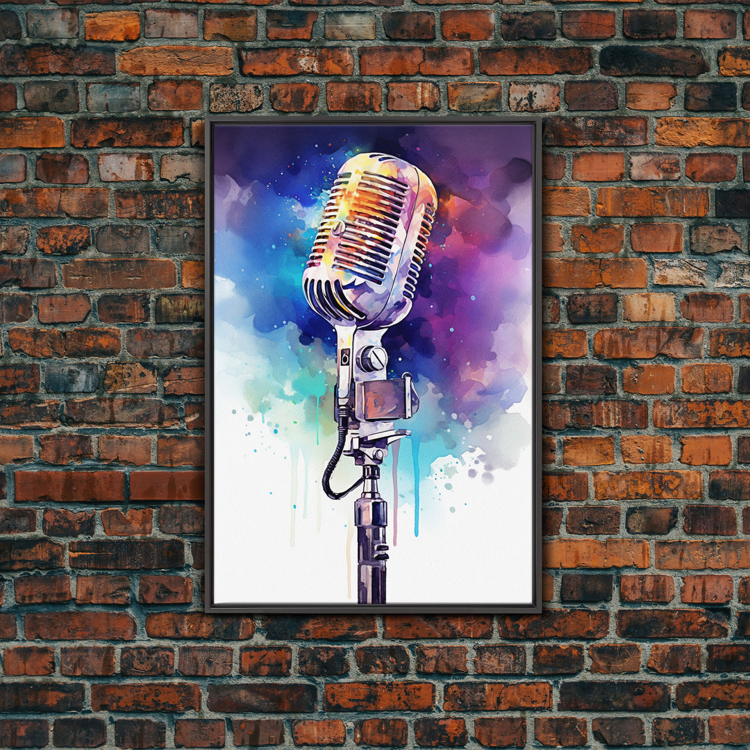 Neon Graffiti Splatter Paint Microphone Art, Vintage Microphone Painting Framed Canvas Print, Studio Wall Art, Music Studio Decor