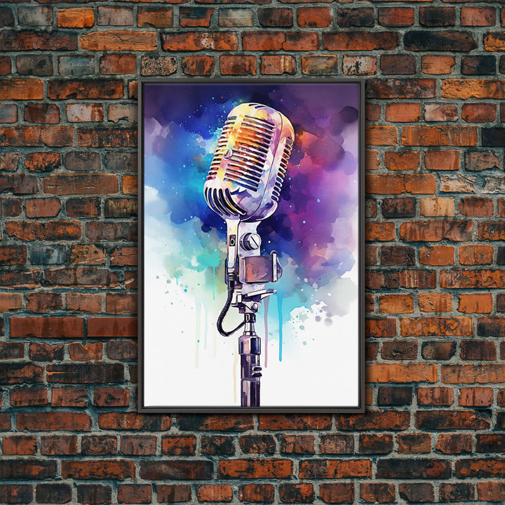 Neon Graffiti Splatter Paint Microphone Art, Vintage Microphone Painting Framed Canvas Print, Studio Wall Art, Music Studio Decor