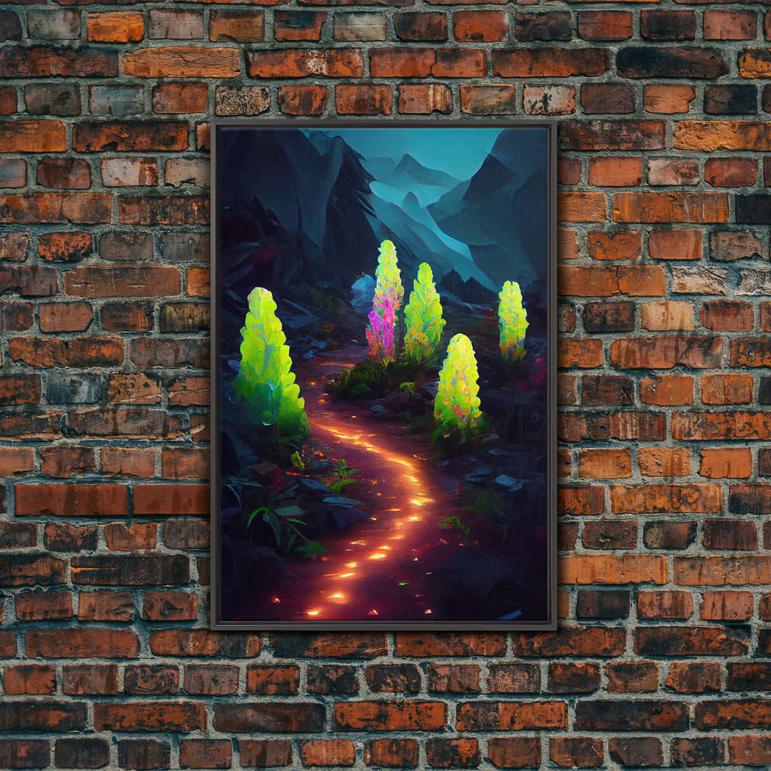 Magical forest canvas print, glowing mushroom art, fantasy forest wall art, gloomy dark home decor, luminescent forest trail wall art