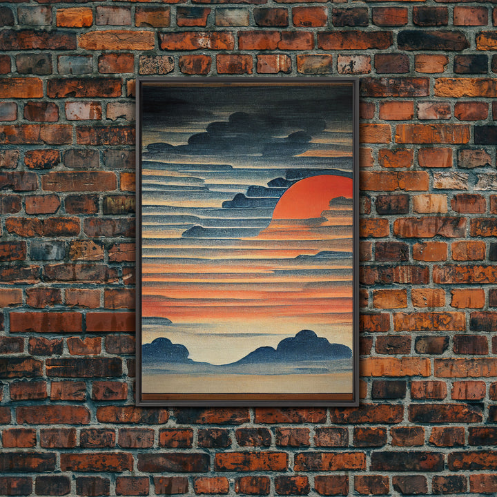 Japanese style wall art, sunrise over the mountains, canvas print, woodblock print style art, Hokusai style wall art