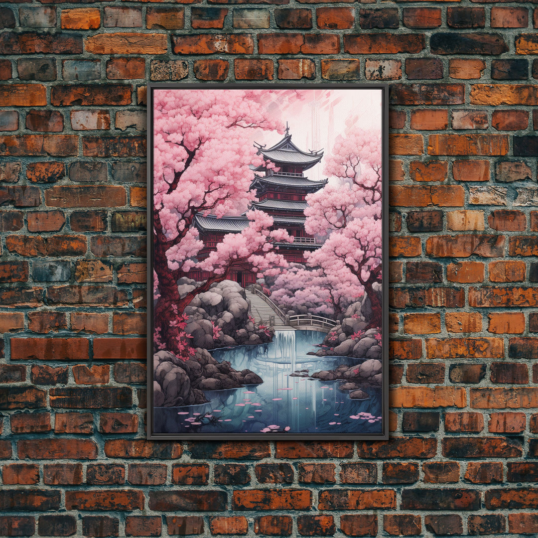 Pagoda Wall Art, Japanese Wall Art, Asian Art, Cherry Blossom Tree, Canvas Print, Wall Art, Vertical Art, Engagement Gift, Prints Wall Art