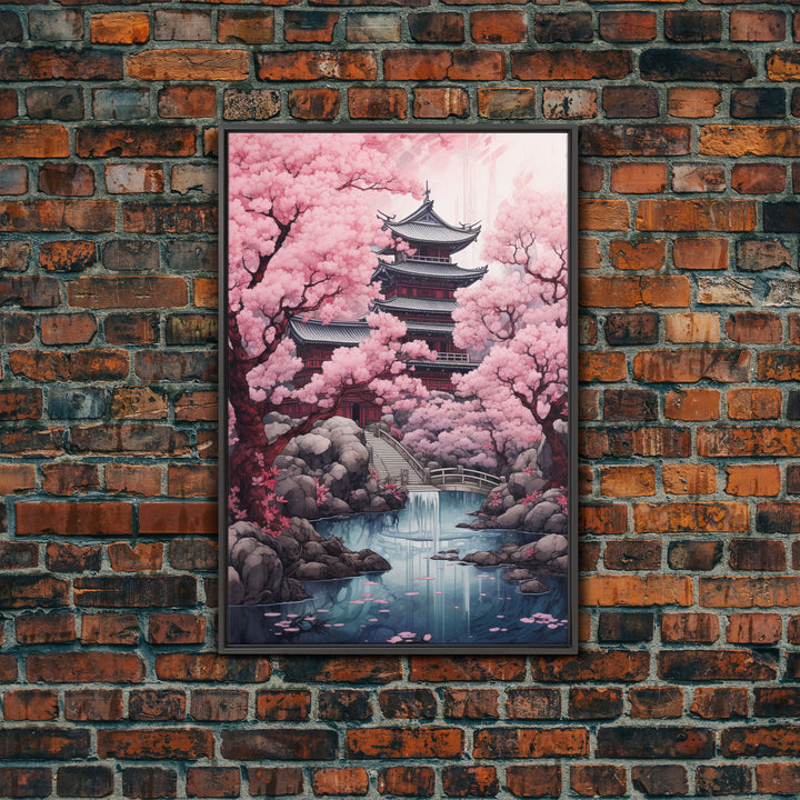 Pagoda Wall Art, Japanese Wall Art, Asian Art, Cherry Blossom Tree, Canvas Print, Wall Art, Vertical Art, Engagement Gift, Prints Wall Art