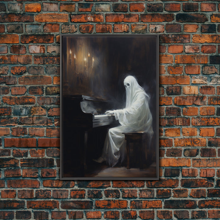 Spooky White Ghost Playing A Piano, Gothic Victorian Halloween Art, Halloween Decoration / Wall Art, Skeleton Art, Gothic Oil Painting