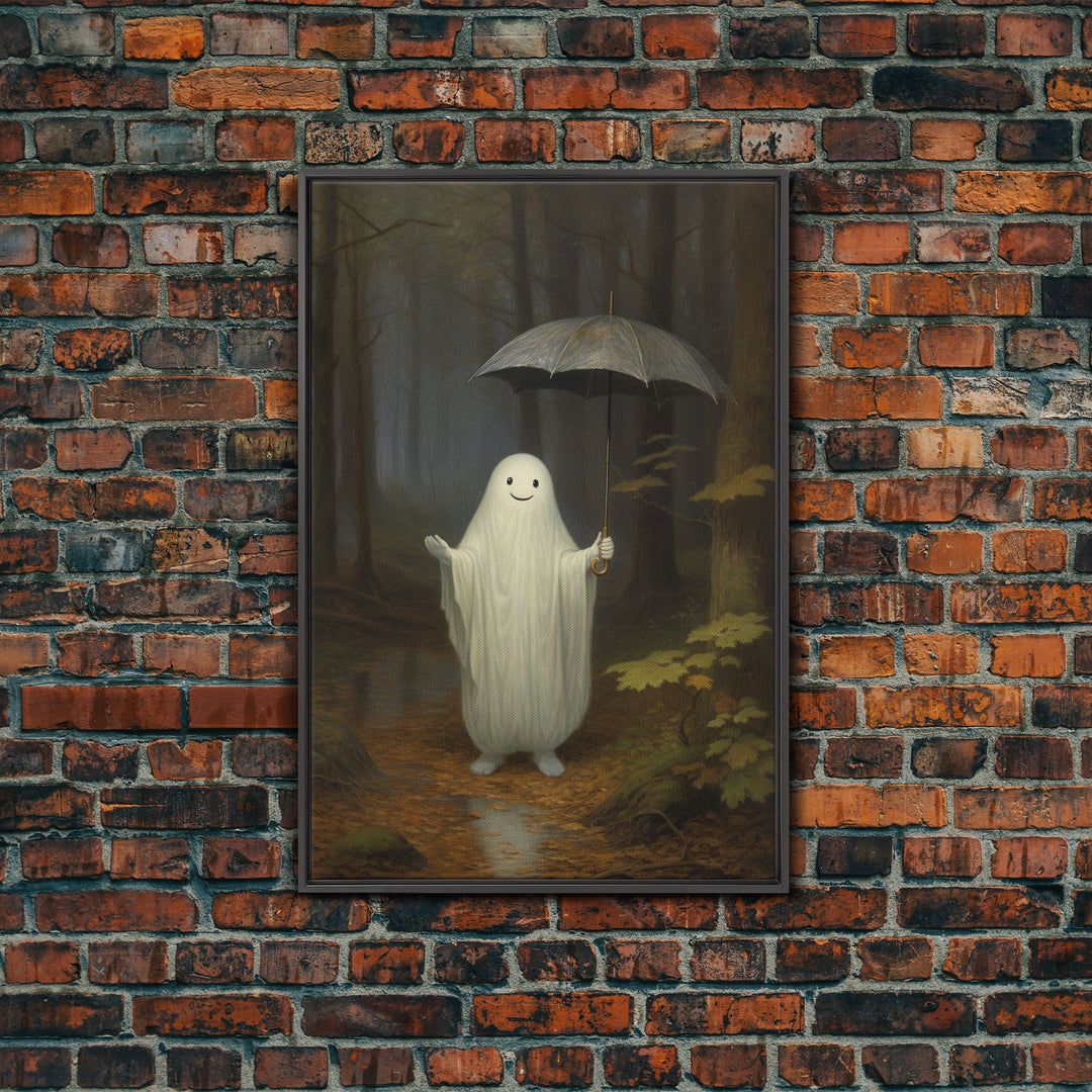 Goofy Ghost In The Rain,  Vintage Halloween Canvas, Framed Canvas Print, Cute Wall Art, Who's Haunting Who?