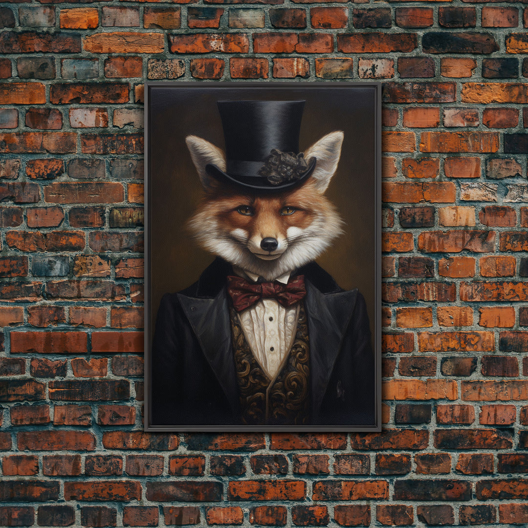 The Dapper Gentleman Business Fox, Framed Canvas or Canvas Print, Halloween Decor, Dark Academia, Funny Halloween Decorations