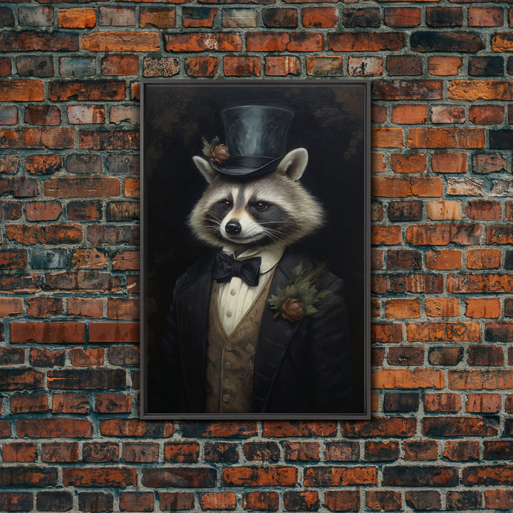 Distinguished Dapper Gentleman Raccoon, Funny Animal Prints, Humorous Art, Framed Canvas, Wall Art, Canvas Print, Funny Halloween Decor