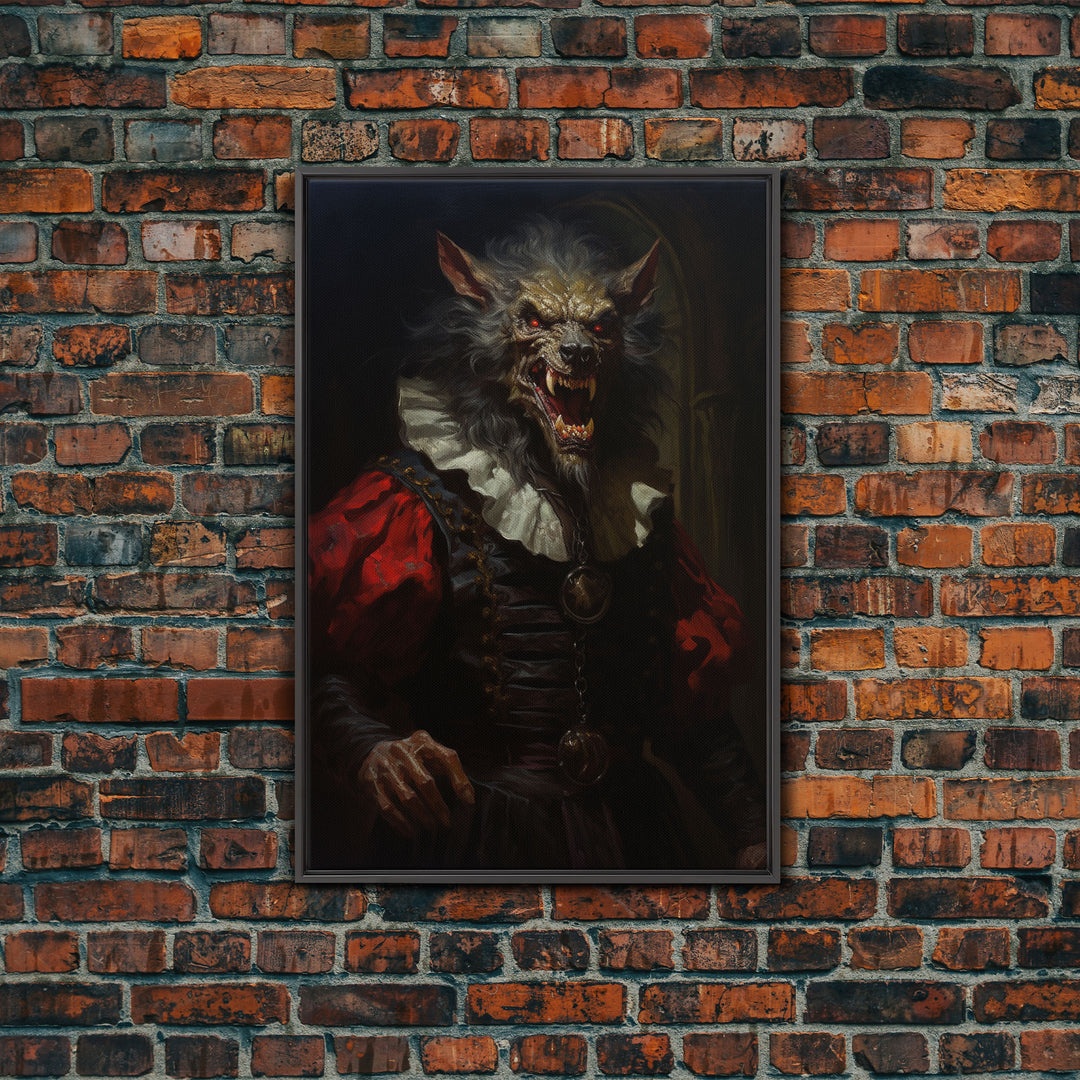 Victorian Business Werewolf Workin' 9 to 5, Framed Canvas, Halloween Canvas Print, Vintage Halloween Funny Gothic Decor