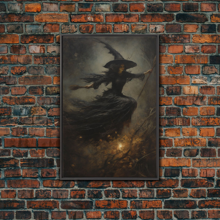 Spooky Season Witch Decor, Witch Painting Framed Canvas Print, Halloween Art, Witch Art, Witchcraft, Witch Decor, Felt Witch Hat