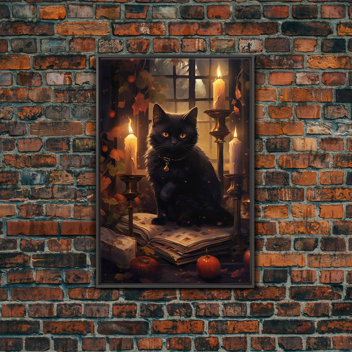 Black Cat Art, Framed  Canvas Print, Halloween Canvas Print, Goth Art, Dark Academia, Fall Decor, Witchy Vibes