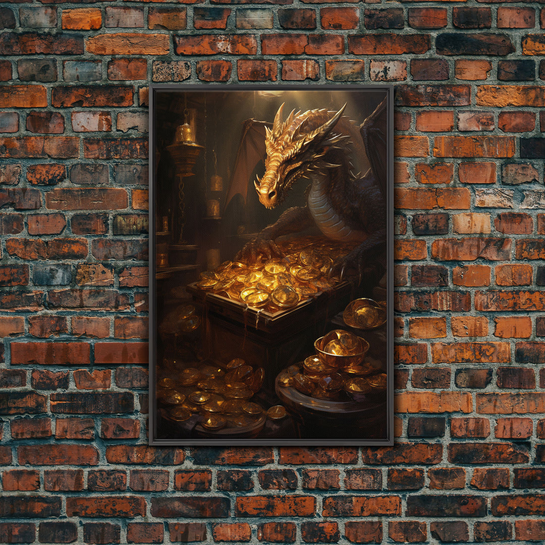 Dragon Art, Fantasy Art, Treasure Chest, Canvas Print, Wall Hanging, Portrait Art, Video Game Art, Nerdy Home Decor, Gift For Friend