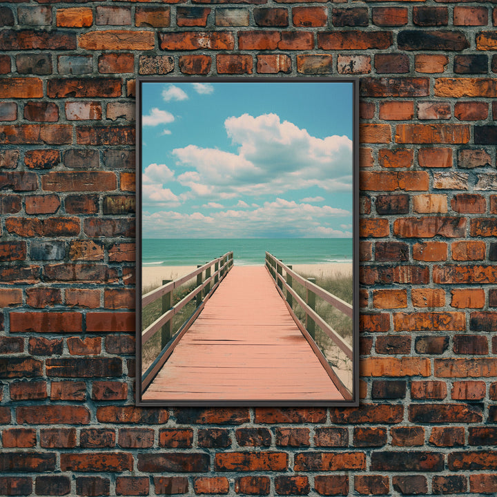 Beach Boardwalk, Vaporwave Summer Vibes, Framed Canvas Print, Retro Midcentury Modern Art, Liminal Art, Minimalist MCM Lakehouse Art