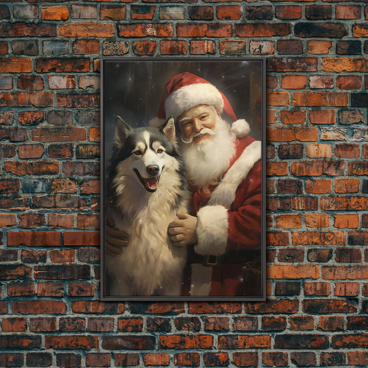 Santa Claus Holding An Alaskan Malamute,  Christmas Wall Art, Dog Gift, Christmas Dog, Winter Wall Art, Santa Decor, Santa Art Print
