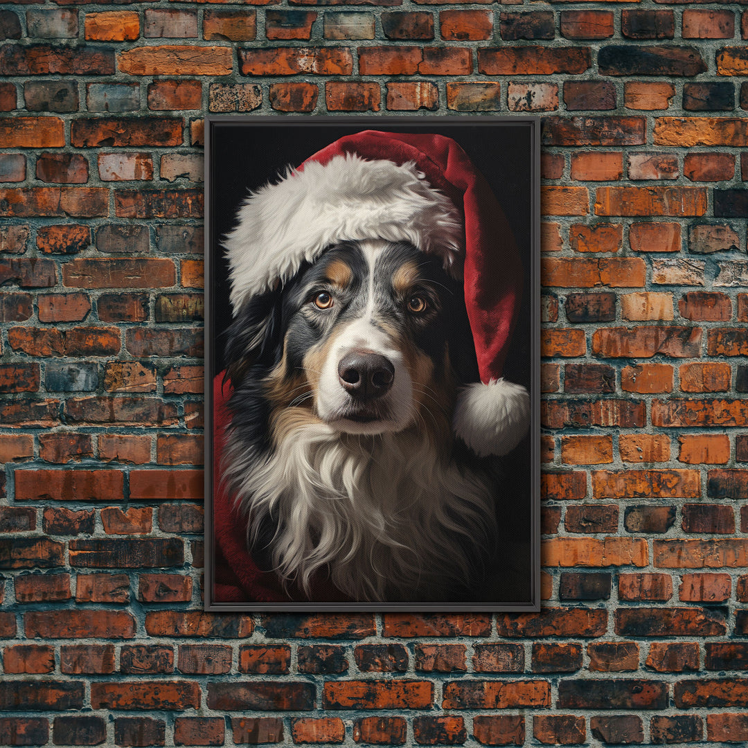 Portrait Of An Australian Shepherd In A Santa Hat, Christmas Art, Christmas Decor, Christmas Wall Art, Christmas Painting, Vintage Christmas