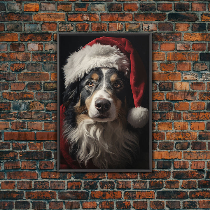 Portrait Of An Australian Shepherd In A Santa Hat, Christmas Art, Christmas Decor, Christmas Wall Art, Christmas Painting, Vintage Christmas