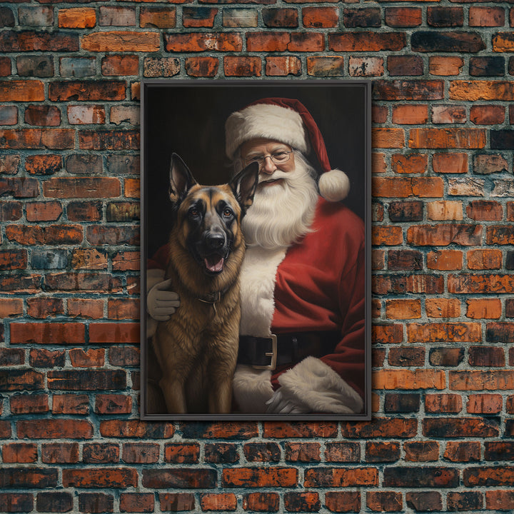 Santa Claus and his Belgian Malinois, Cute Dog Art, Framed Canvas Print, Christmas Art, Christmas Decor, Christmas Art Print, Cute Dog Print