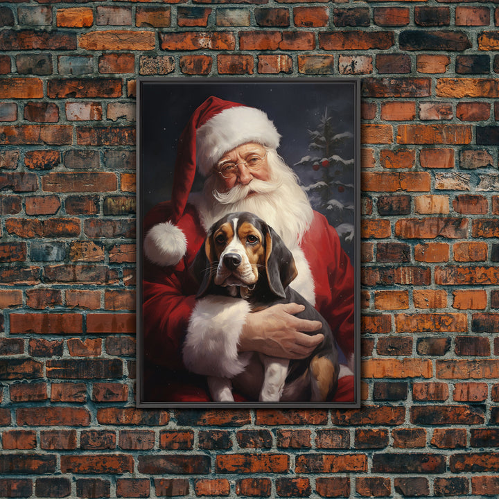 Santa Claus and his Beagle, Cute Dog Art, Framed Canvas Print, Christmas Art, Christmas Decor, Christmas Art Print, Christmas Wall Art