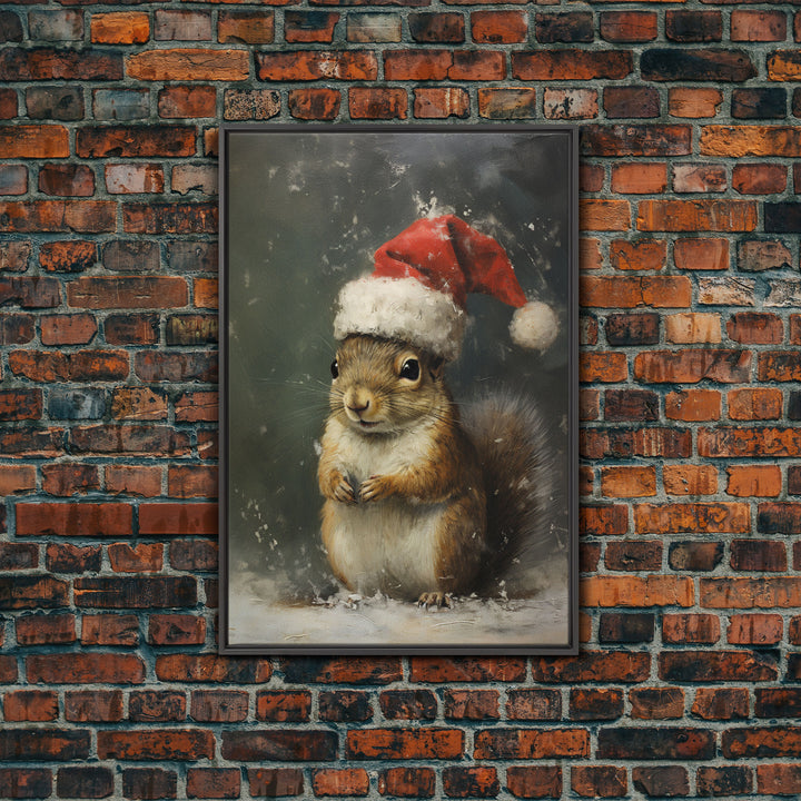 Cute Christmas Squirrel In A Santa Hat, Christmas Art, Christmas Decor, Christmas Wall Art, Farmhouse Christmas, Vintage Christmas Woodland