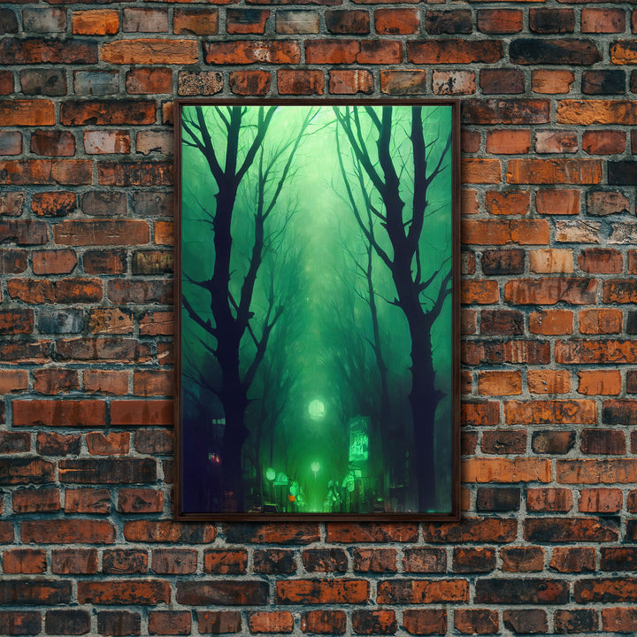 Emerald green city streets under a full moon, cool spooky art, framed canvas print