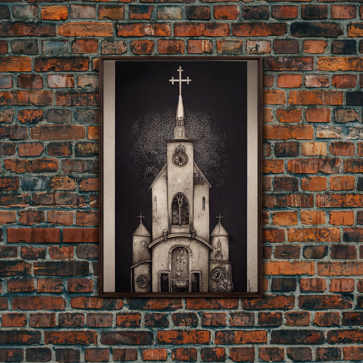 Gothic Church, Framed Canvas Print, Ready To Hang Framed Wall Art, Living Room Decor