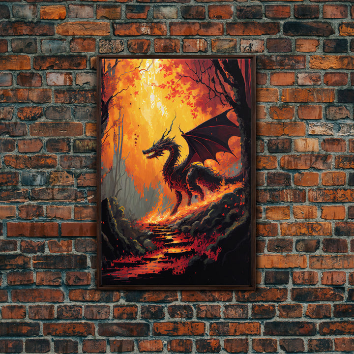 Fiery Dragon Burning Down Forest Canvas Print - Mystical Fantasy Wall Art Home Decor Artwork