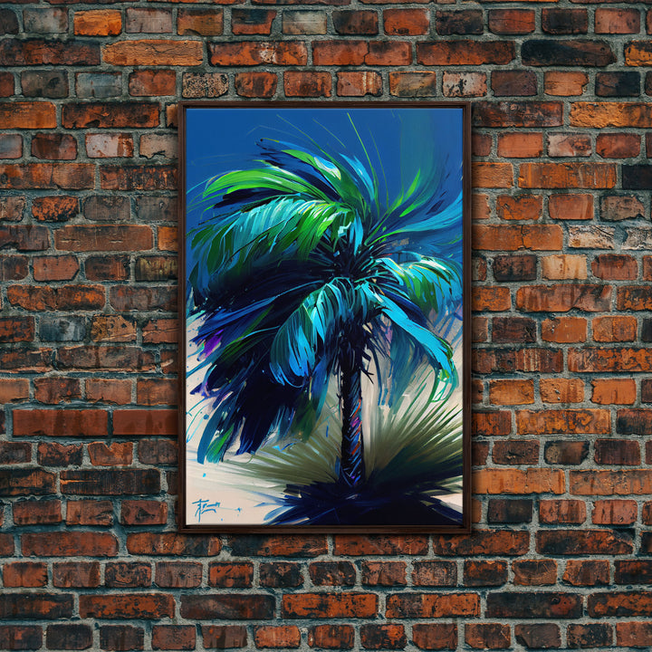 Vibrant Blue and Green Palm Tree Watercolor Canvas Print - Tropical Wall Art Home Decor Artwork