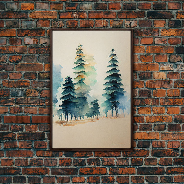 Mysterious Pine Tree Forest Watercolor Canvas Print - Nature Wall Art Home Decor Artwork, Framed Canvas Print