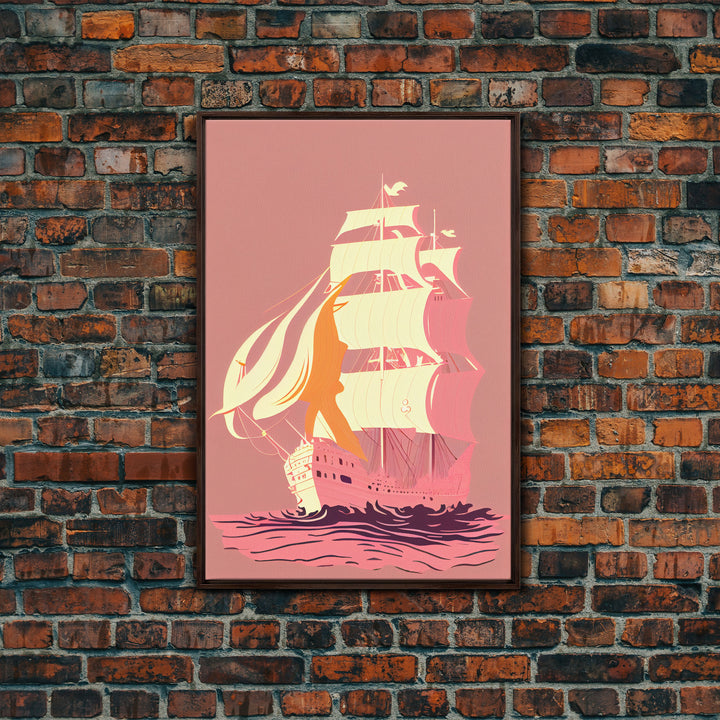 Pastel pirate ship, pink boat, vaporwave pirate ship, framed canvas print, framed wall art