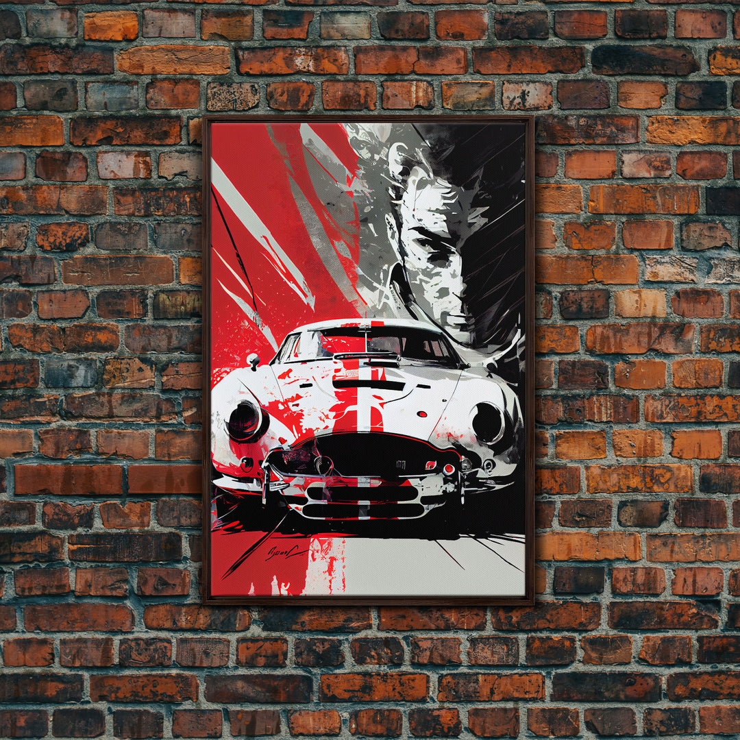 Vintage sports car graffiti art, framed canvas print, wall decor, mancave art