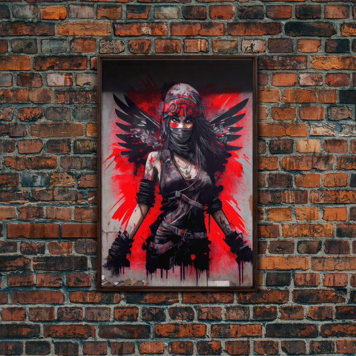 Graffiti angel art, framed canvas print, urban art