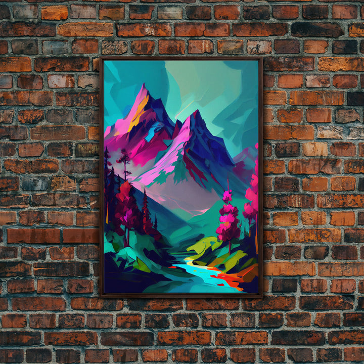 Vibrant Vaporwave Mountain Watercolor Wall Art Canvas Print - Colorful Nature Scene Artwork
