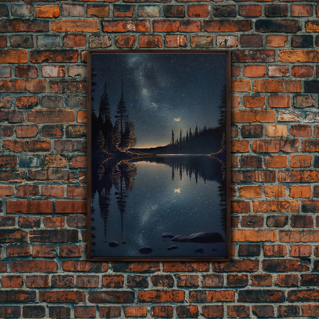 Reflections of a starry night sky over the lake, lakehouse art, beautiful framed canvas print