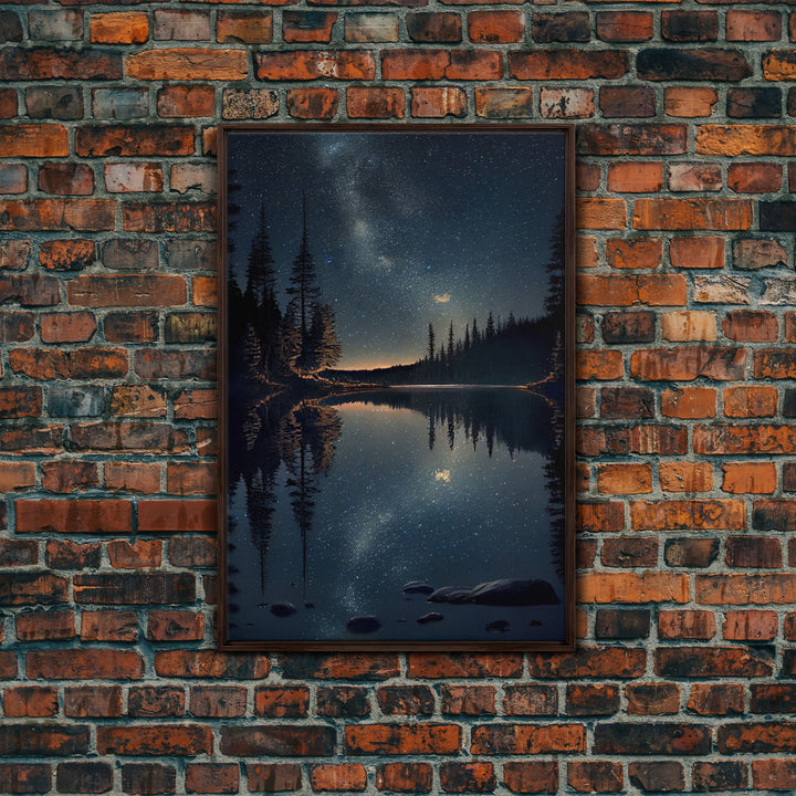 Reflections of a starry night sky over the lake, lakehouse art, beautiful framed canvas print