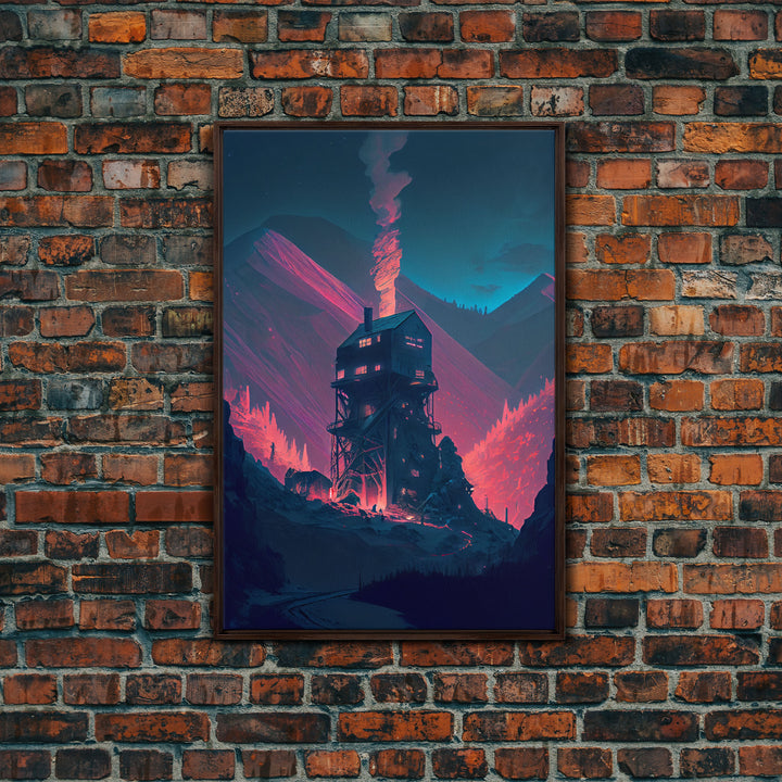 Fire-Watch, Watch Tower art, vaporwave aesthetic wall art, framed canvas print