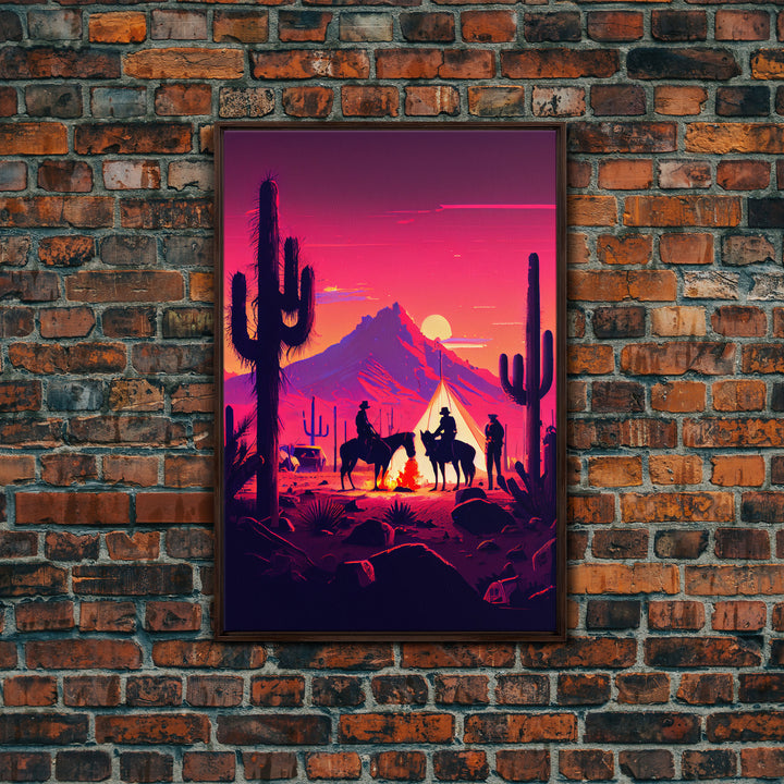 Wild West Outlaw decor, camping in the Arizona desert, Cactus art, framed canvas print