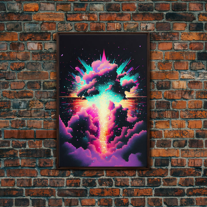 Color Pop Explosion, Vintage style art, framed canvas print, vaporwave aesthetic cloud art